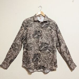 Fradi Brown Leaf Print 100% Linen Long Sleeve Shirt Sz 18 1/2 (48)